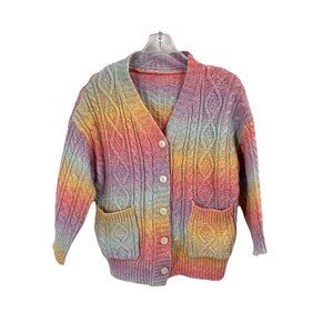 Handknit Cable Knit Rainbow Cardigan Sweater Fairy Grunge Pockets Buttons Sz S